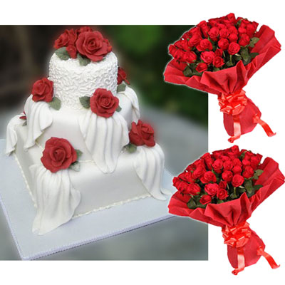 "20 Red roses flower bunches - 2 pieces + Cake - 7kgs (3 tier cake) - Click here to View more details about this Product